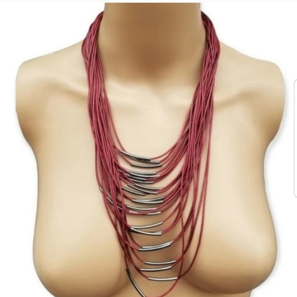 CHARMING CHARLIE LIGHTWEIGHT LAYERED BURGUNDY CORD NECKLACE
